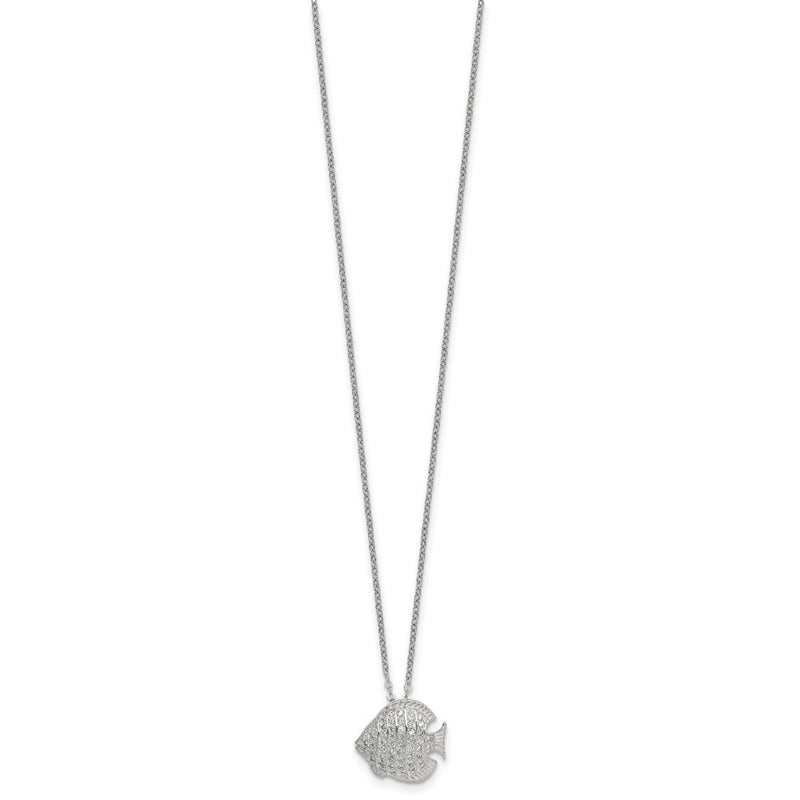 Sterling Silver Polished CZ Fish 16in W/ 2in Ext Necklace