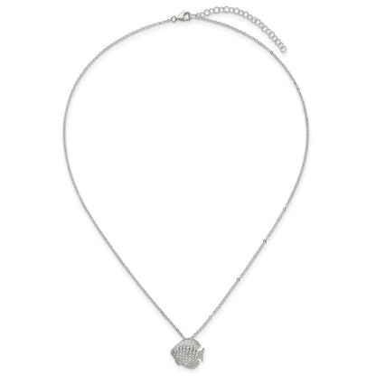 Sterling Silver Polished CZ Fish 16in W/ 2in Ext Necklace