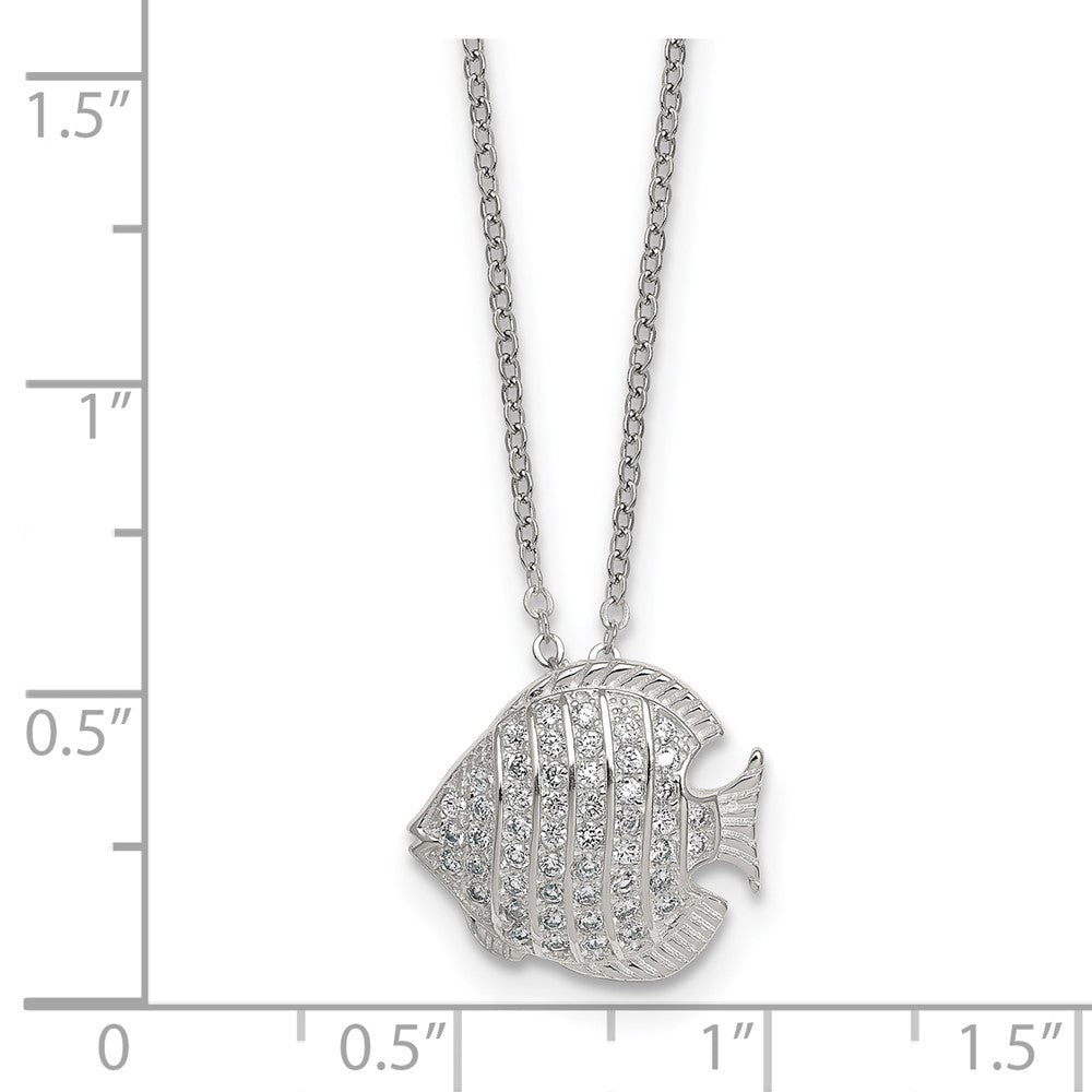Sterling Silver Polished CZ Fish 16in W/ 2in Ext Necklace