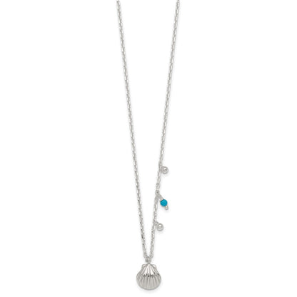 Sterling Silver Polished Beaded Turquoise and Seashell W/ 2in Ext Necklace