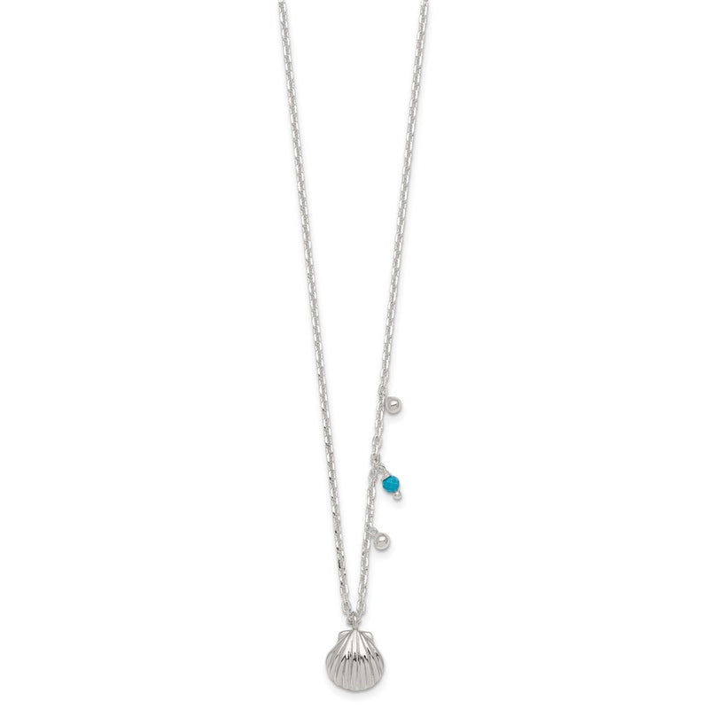 Sterling Silver Polished Beaded Turquoise and Seashell W/ 2in Ext Necklace