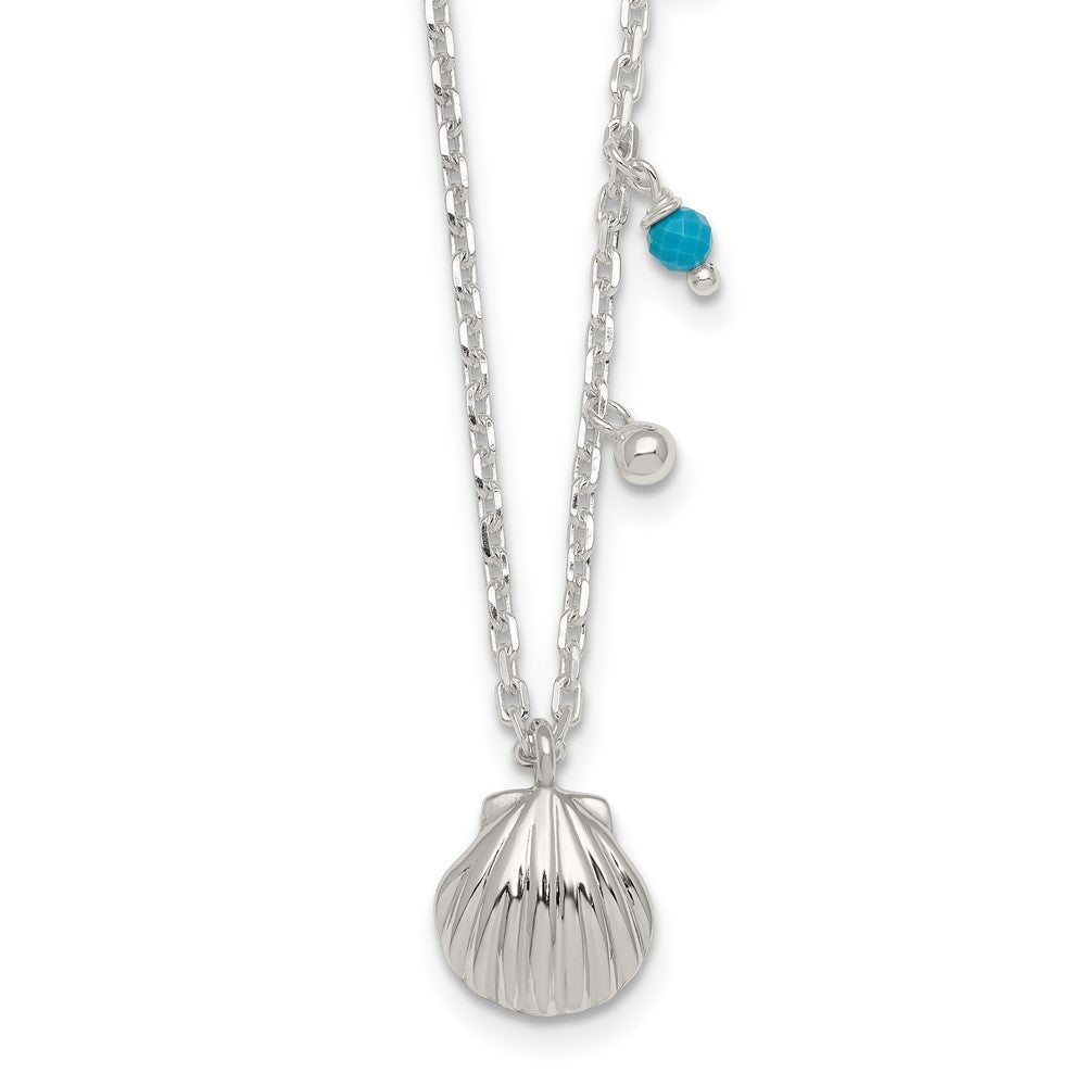 Sterling Silver Polished Beaded Turquoise and Seashell W/ 2in Ext Necklace