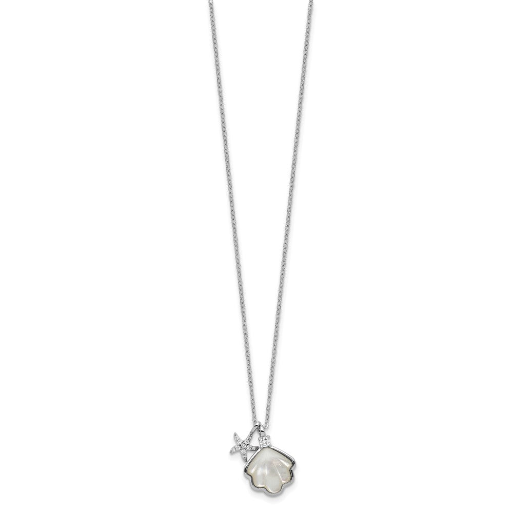 Sterling Silver Rh-Pltd Mop Shell CZ Starfish 16in W/ 2in Ext Necklace