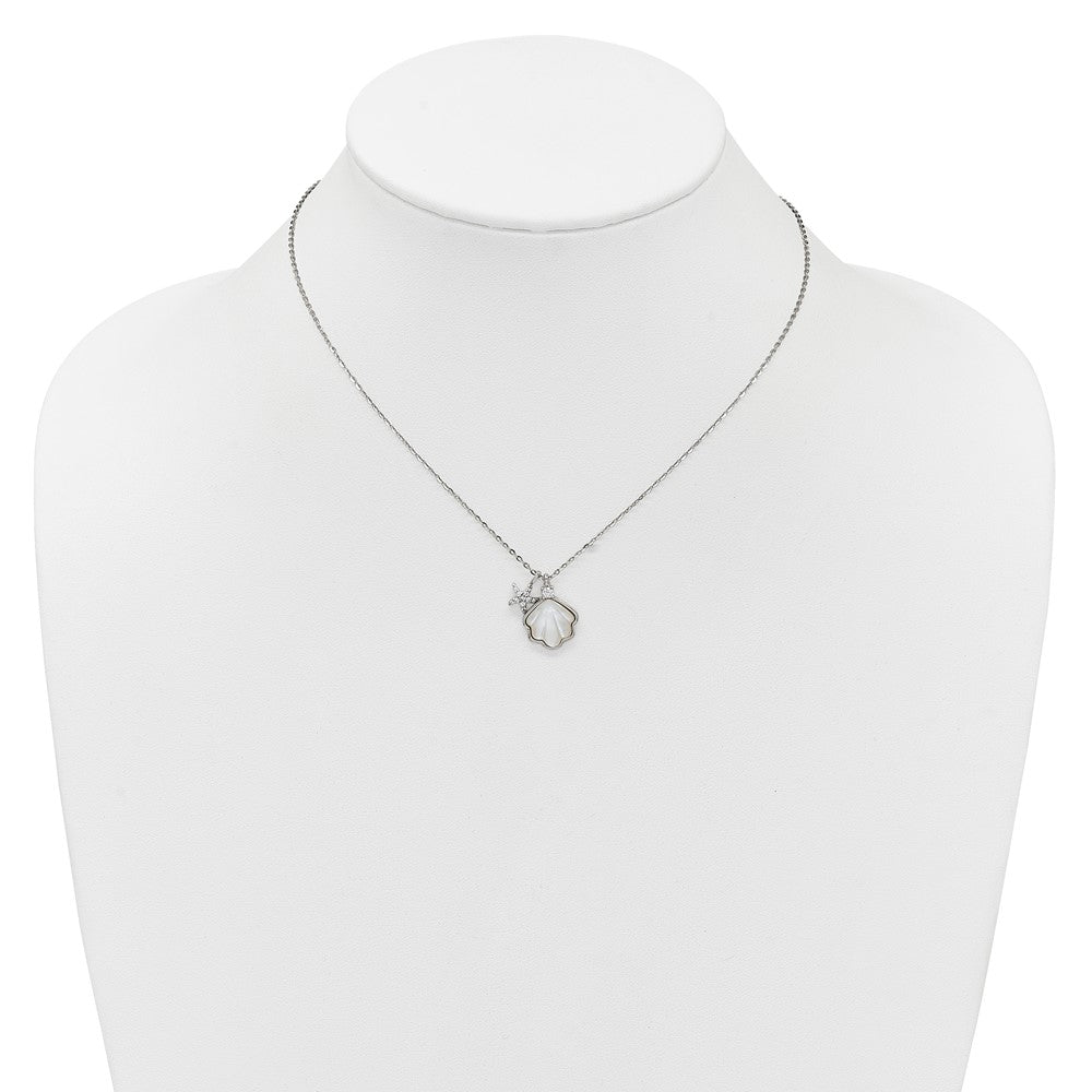 Sterling Silver Rh-Pltd Mop Shell CZ Starfish 16in W/ 2in Ext Necklace