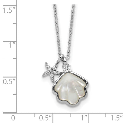 Sterling Silver Rh-Pltd Mop Shell CZ Starfish 16in W/ 2in Ext Necklace