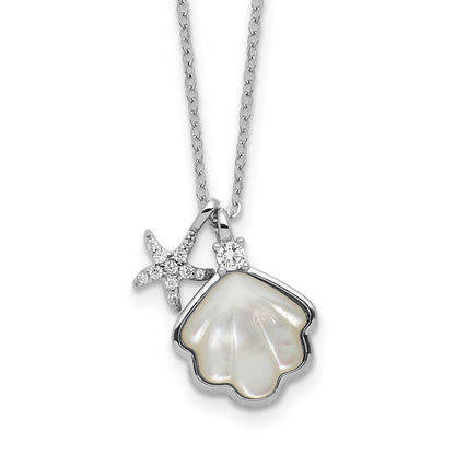 Sterling Silver Rh-Pltd Mop Shell CZ Starfish 16in W/ 2in Ext Necklace