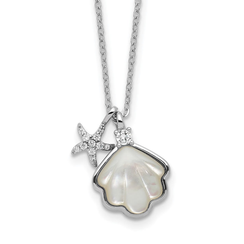Sterling Silver Rh-Pltd Mop Shell CZ Starfish 16in W/ 2in Ext Necklace
