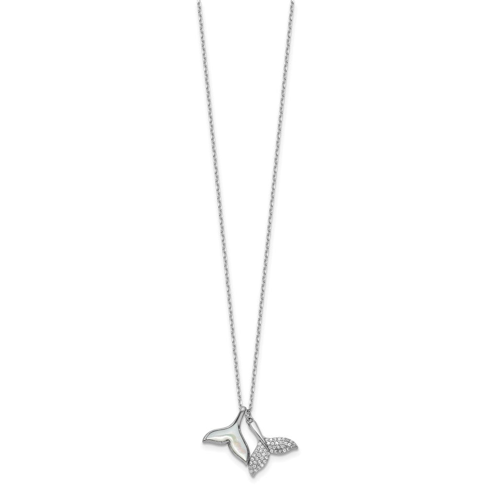 Sterling Silver Rh-Pltd Mop and CZ Whale Tails 16in W/ 2in Ext Necklace