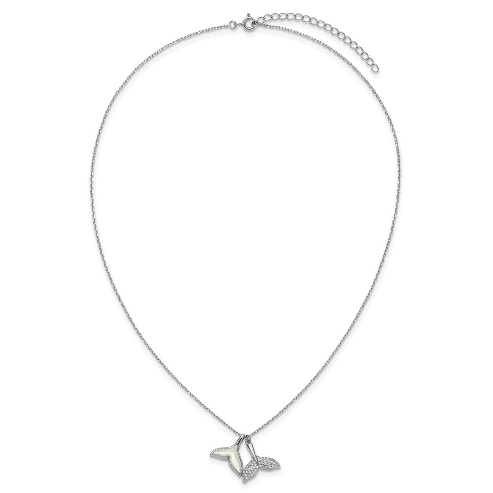 Sterling Silver Rh-Pltd Mop and CZ Whale Tails 16in W/ 2in Ext Necklace