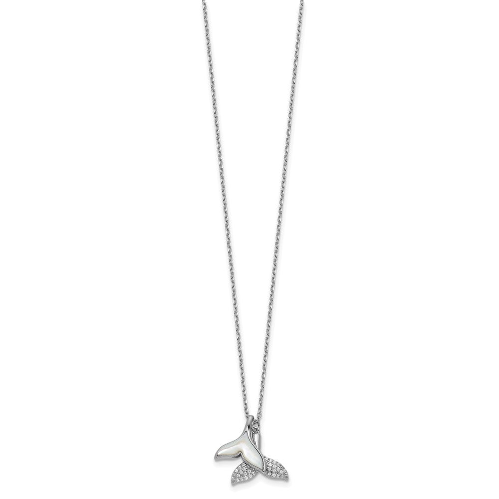 Sterling Silver Rh-Pltd Mop and CZ Whale Tails 16in W/ 2in Ext Necklace