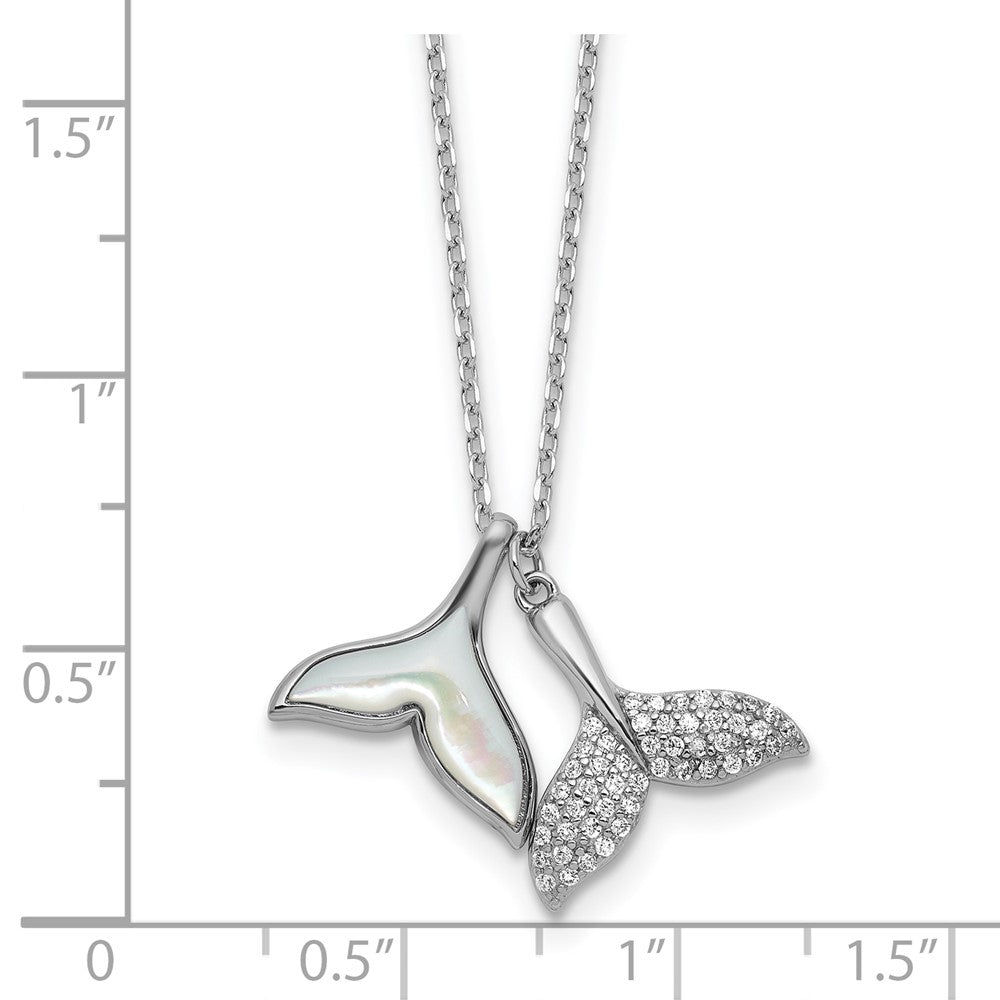 Sterling Silver Rh-Pltd Mop and CZ Whale Tails 16in W/ 2in Ext Necklace