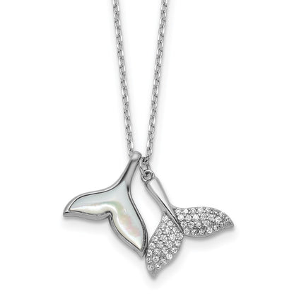 Sterling Silver Rh-Pltd Mop and CZ Whale Tails 16in W/ 2in Ext Necklace