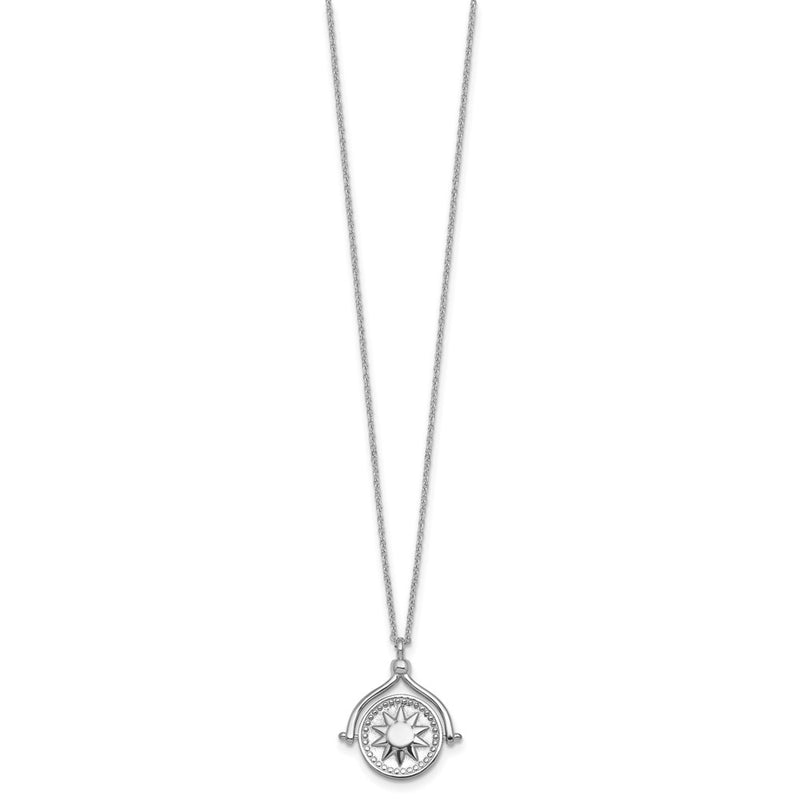 Sterling Silver Rhodium Plated Sun Moon and Star Spin Pendant 18in Necklace