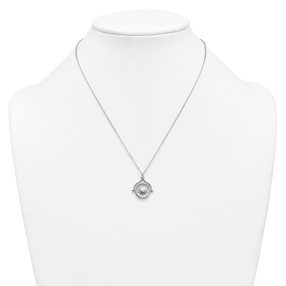 Sterling Silver Rhodium Plated Sun Moon and Star Spin Pendant 18in Necklace