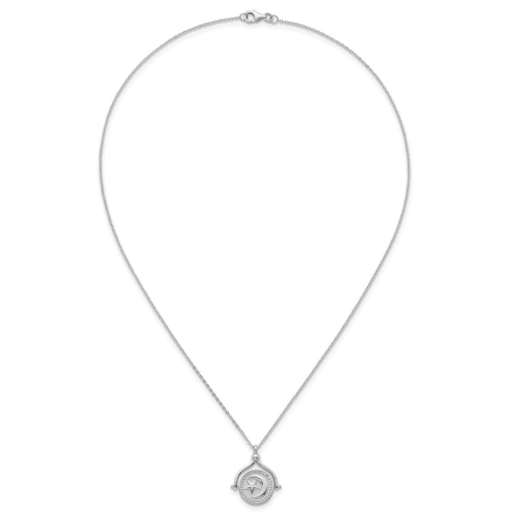 Sterling Silver Rhodium Plated Sun Moon and Star Spin Pendant 18in Necklace
