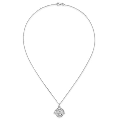 Sterling Silver Rhodium Plated Sun Moon and Star Spin Pendant 18in Necklace