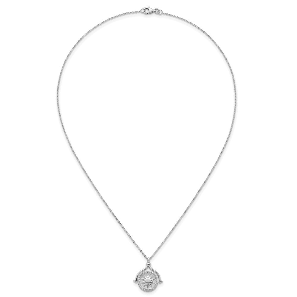 Sterling Silver Rhodium Plated Sun Moon and Star Spin Pendant 18in Necklace