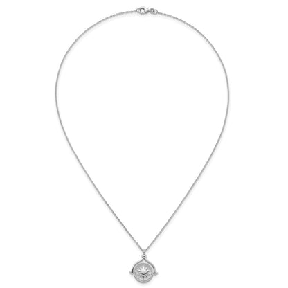 Sterling Silver Rhodium Plated Sun Moon and Star Spin Pendant 18in Necklace
