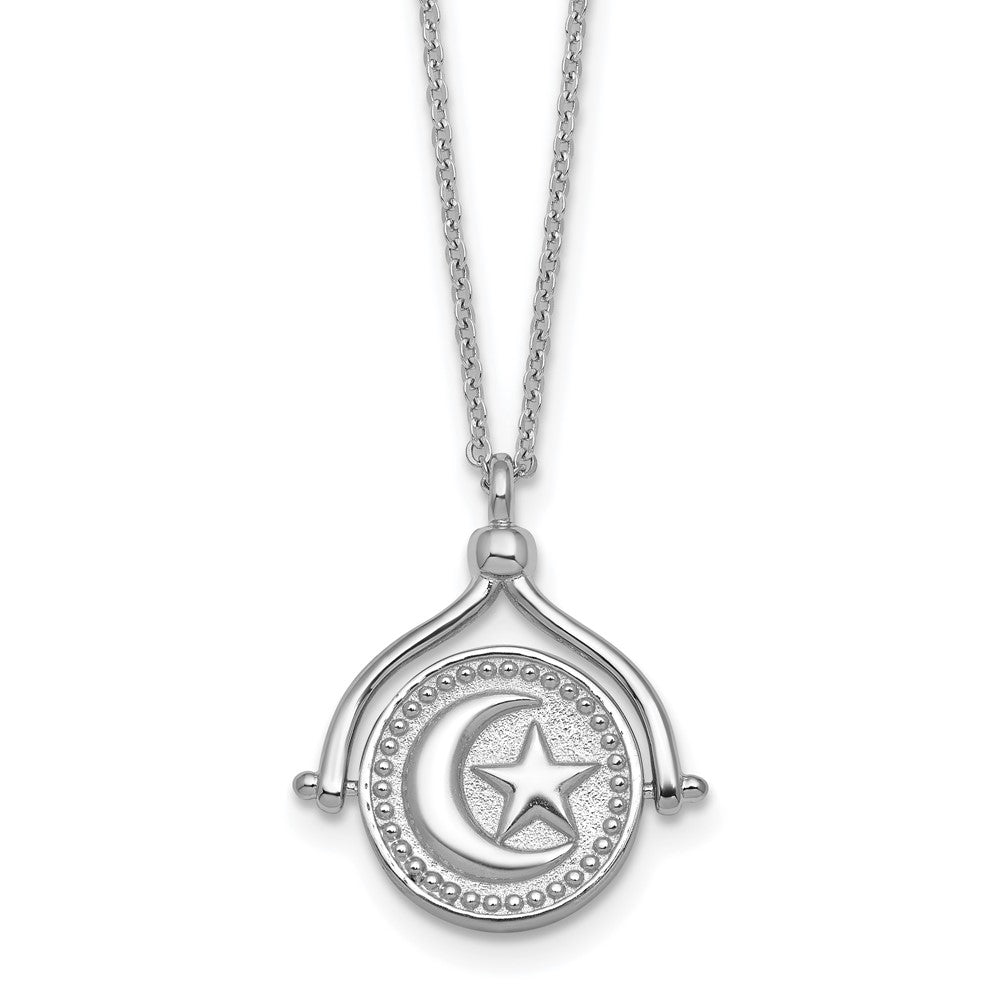 Sterling Silver Rhodium Plated Sun Moon and Star Spin Pendant 18in Necklace