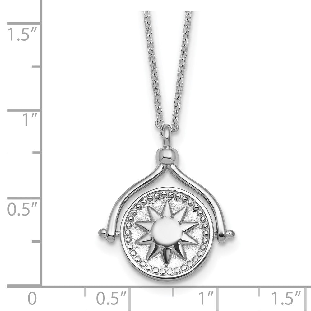 Sterling Silver Rhodium Plated Sun Moon and Star Spin Pendant 18in Necklace