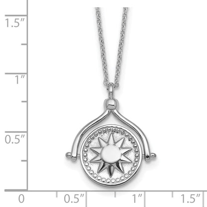 Sterling Silver Rhodium Plated Sun Moon and Star Spin Pendant 18in Necklace