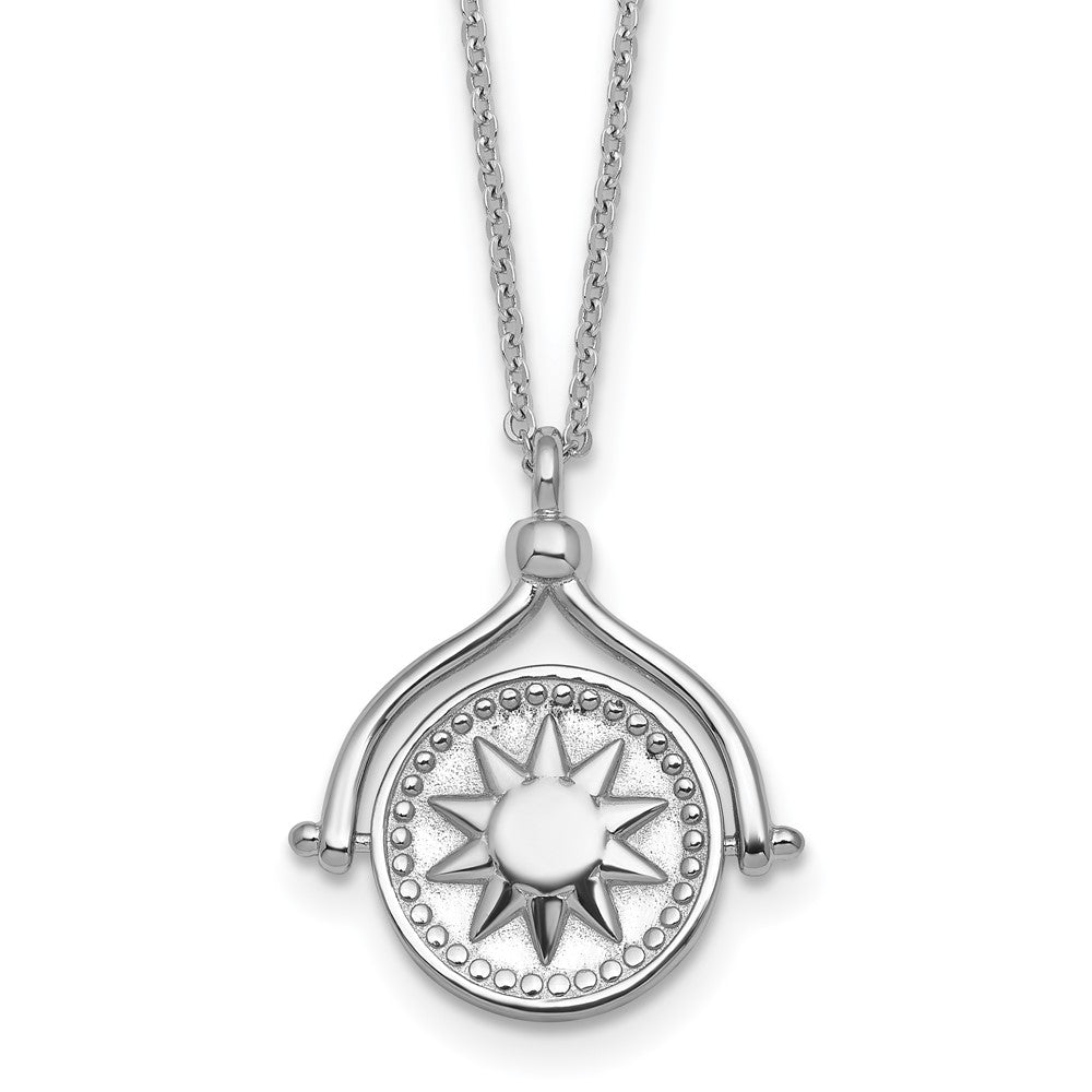 Sterling Silver Rhodium Plated Sun Moon and Star Spin Pendant 18in Necklace