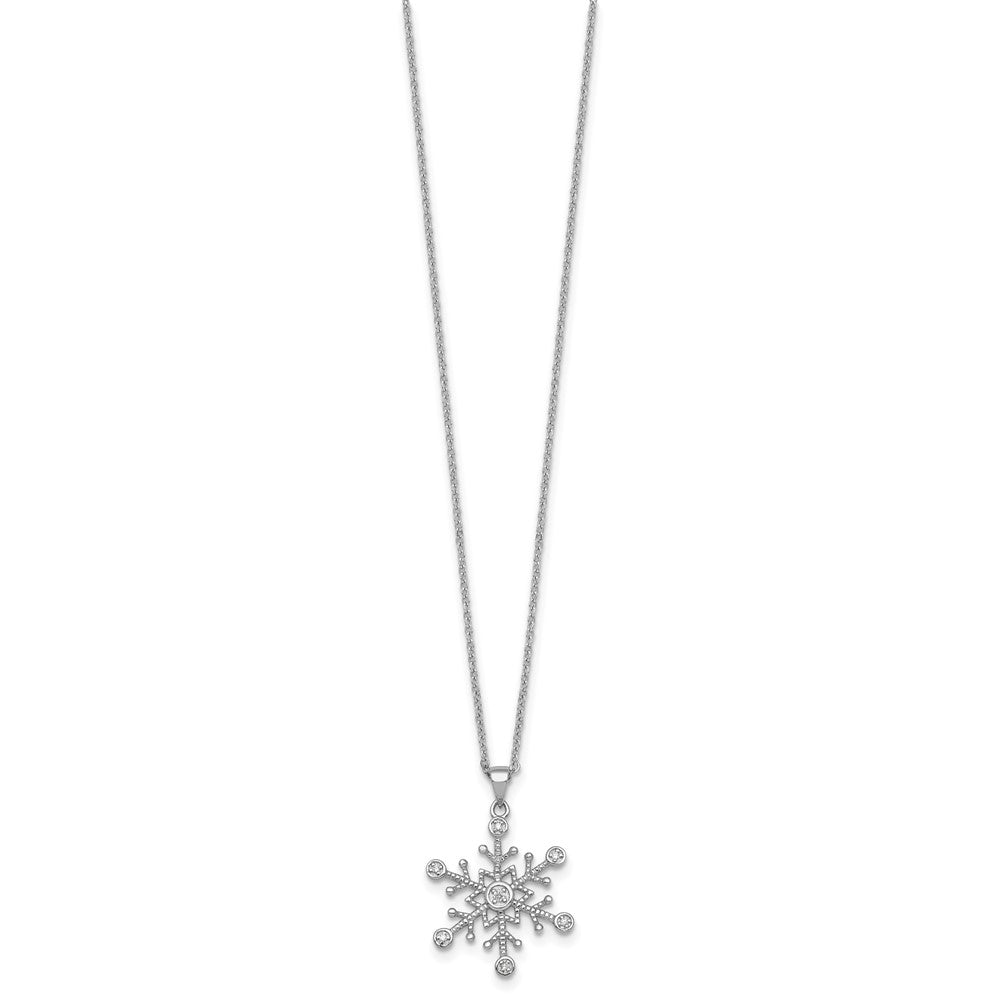 Sterling Silver Rhodium Plated CZ Polished and Textured Snow Flake 18in Necklace
