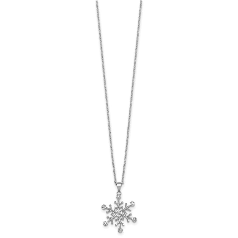 Sterling Silver Rhodium Plated CZ Polished and Textured Snow Flake 18in Necklace