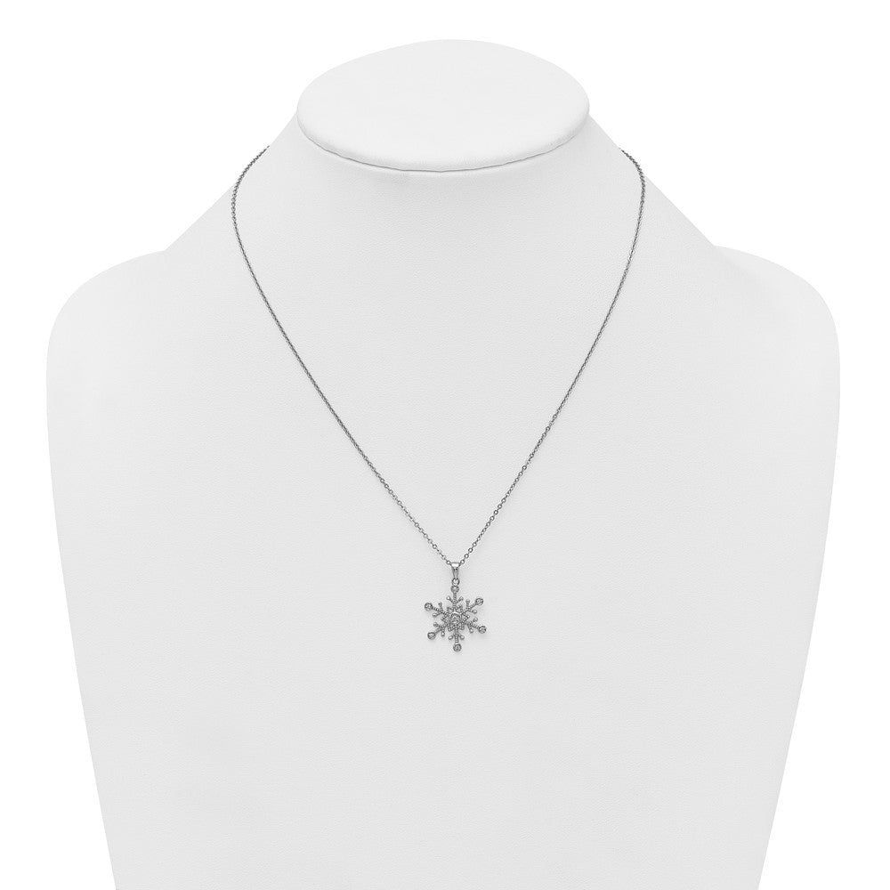 Sterling Silver Rhodium Plated CZ Polished and Textured Snow Flake 18in Necklace