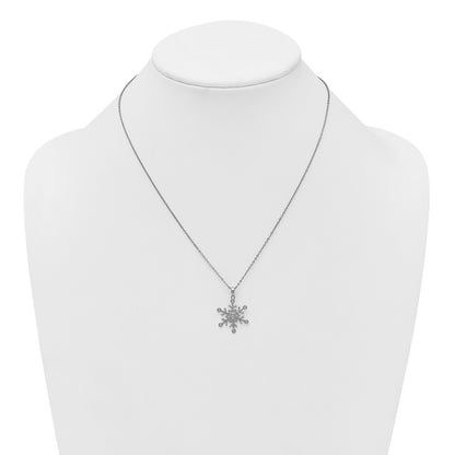 Sterling Silver Rhodium Plated CZ Polished and Textured Snow Flake 18in Necklace