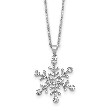 Sterling Silver Rhodium Plated CZ Polished and Textured Snow Flake 18in Necklace