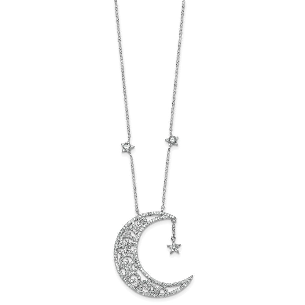 Sterling Silver Rhodium Plated Polished CZ Moon and Stars 18in Necklace