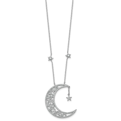 Sterling Silver Rhodium Plated Polished CZ Moon and Stars 18in Necklace