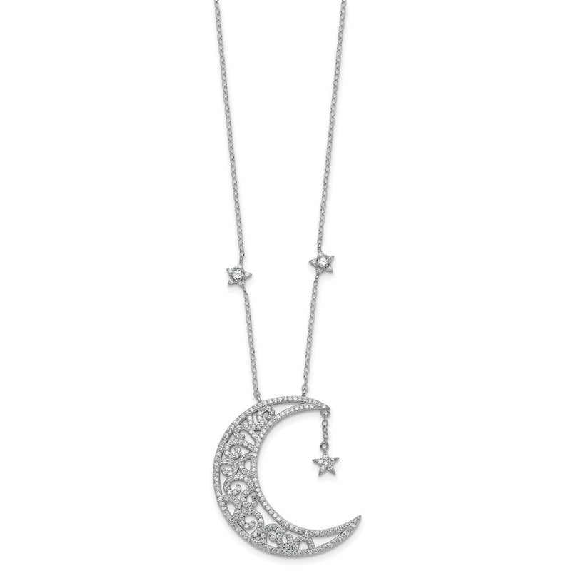 Sterling Silver Rhodium Plated Polished CZ Moon and Stars 18in Necklace