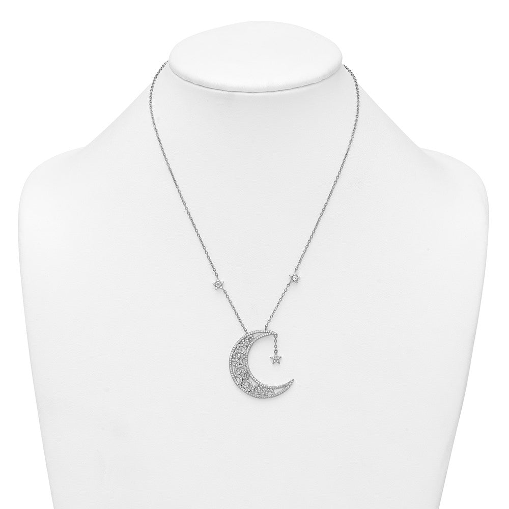 Sterling Silver Rhodium Plated Polished CZ Moon and Stars 18in Necklace
