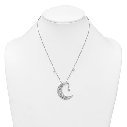 Sterling Silver Rhodium Plated Polished CZ Moon and Stars 18in Necklace