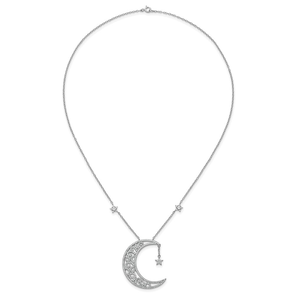Sterling Silver Rhodium Plated Polished CZ Moon and Stars 18in Necklace