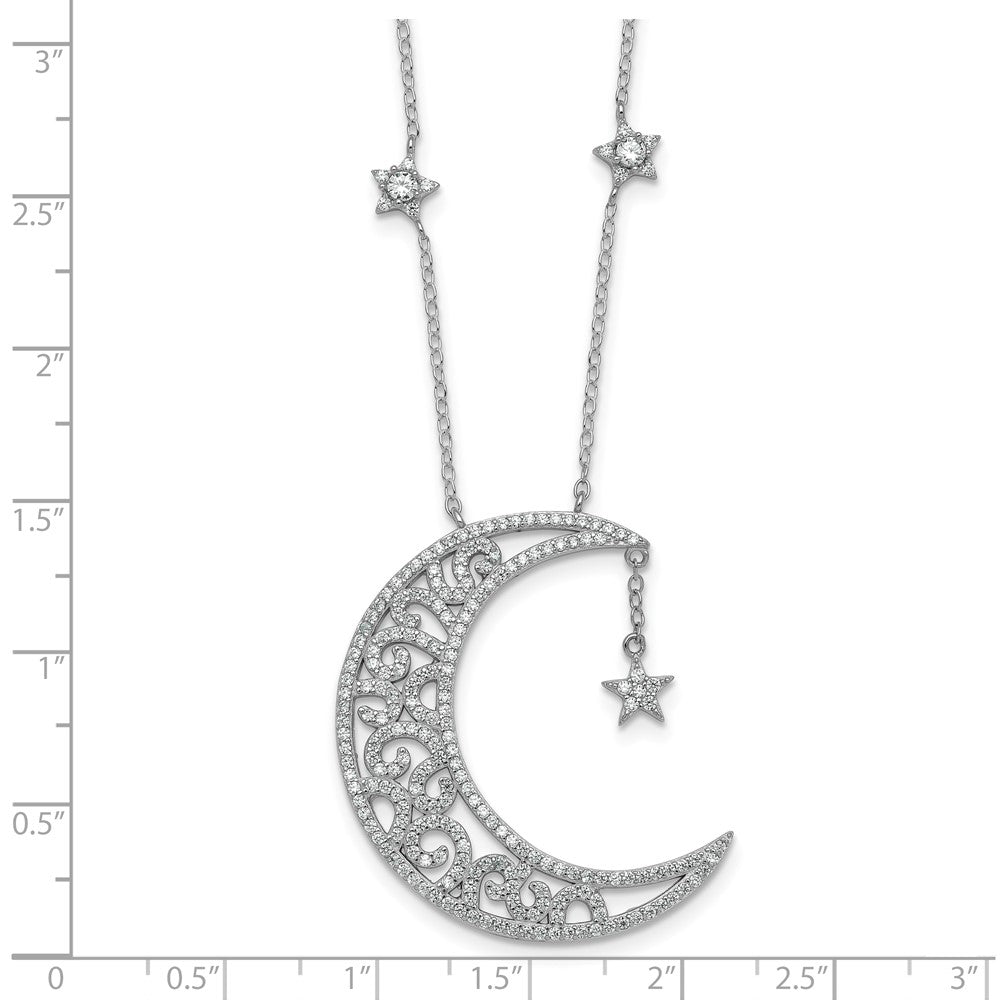 Sterling Silver Rhodium Plated Polished CZ Moon and Stars 18in Necklace