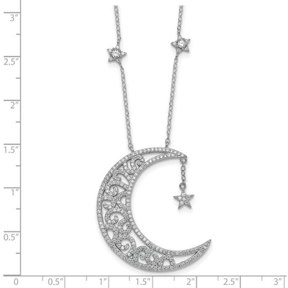Sterling Silver Rhodium Plated Polished CZ Moon and Stars 18in Necklace