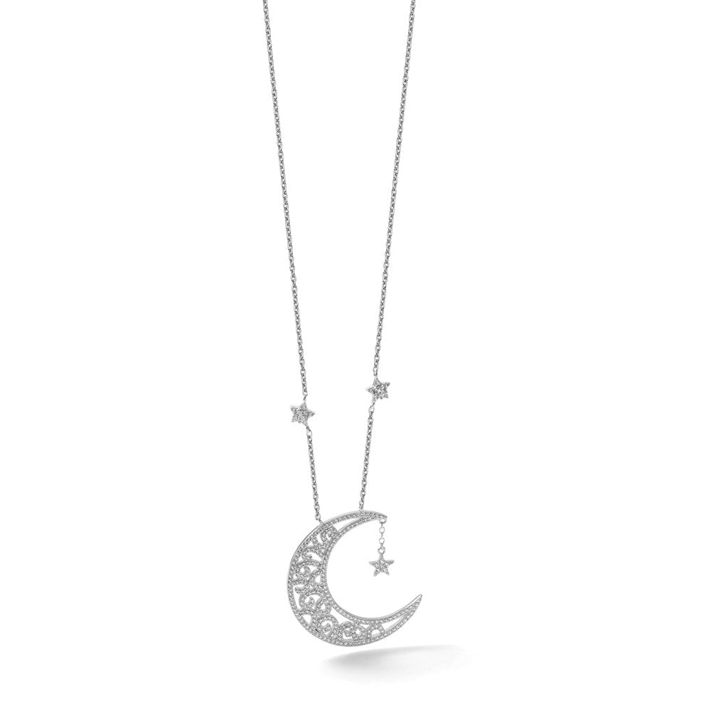 Sterling Silver Rhodium Plated Polished CZ Moon and Stars 18in Necklace