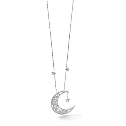 Sterling Silver Rhodium Plated Polished CZ Moon and Stars 18in Necklace
