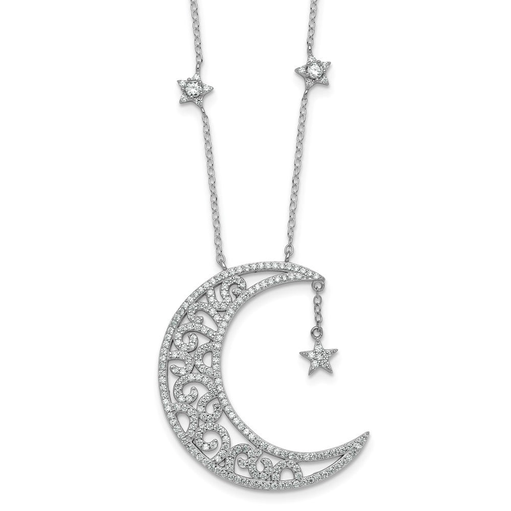 Sterling Silver Rhodium Plated Polished CZ Moon and Stars 18in Necklace