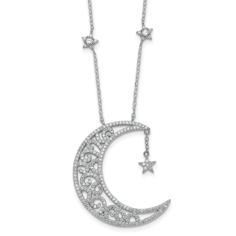 Sterling Silver Rhodium Plated Polished CZ Moon and Stars 18in Necklace
