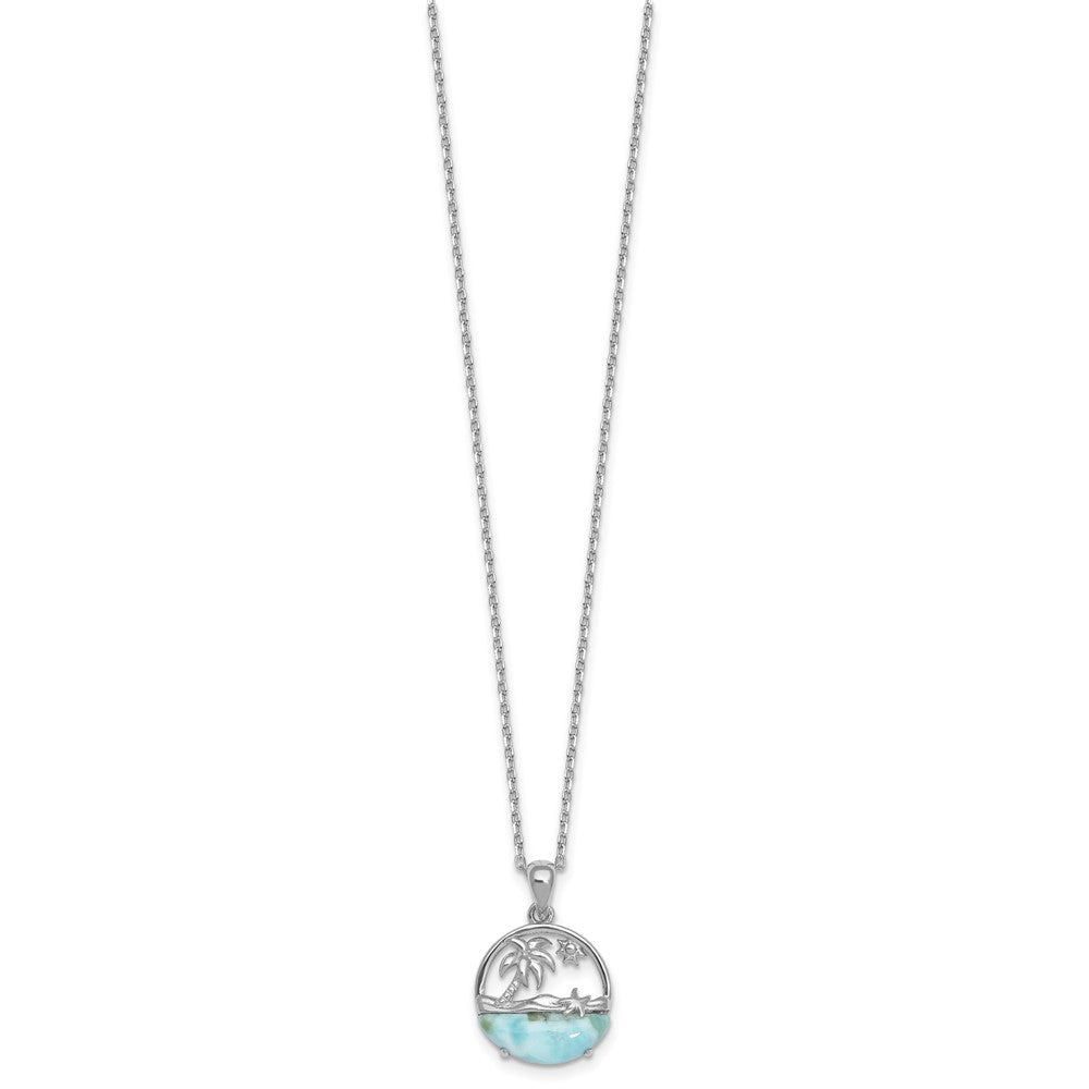 Sterling Silver Rh-Pltd Larimar Beach Scene 16in w/1.75in Ext Necklace