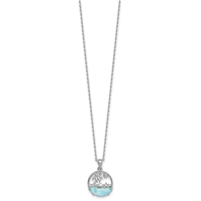 Sterling Silver Rh-Pltd Larimar Beach Scene 16in w/1.75in Ext Necklace