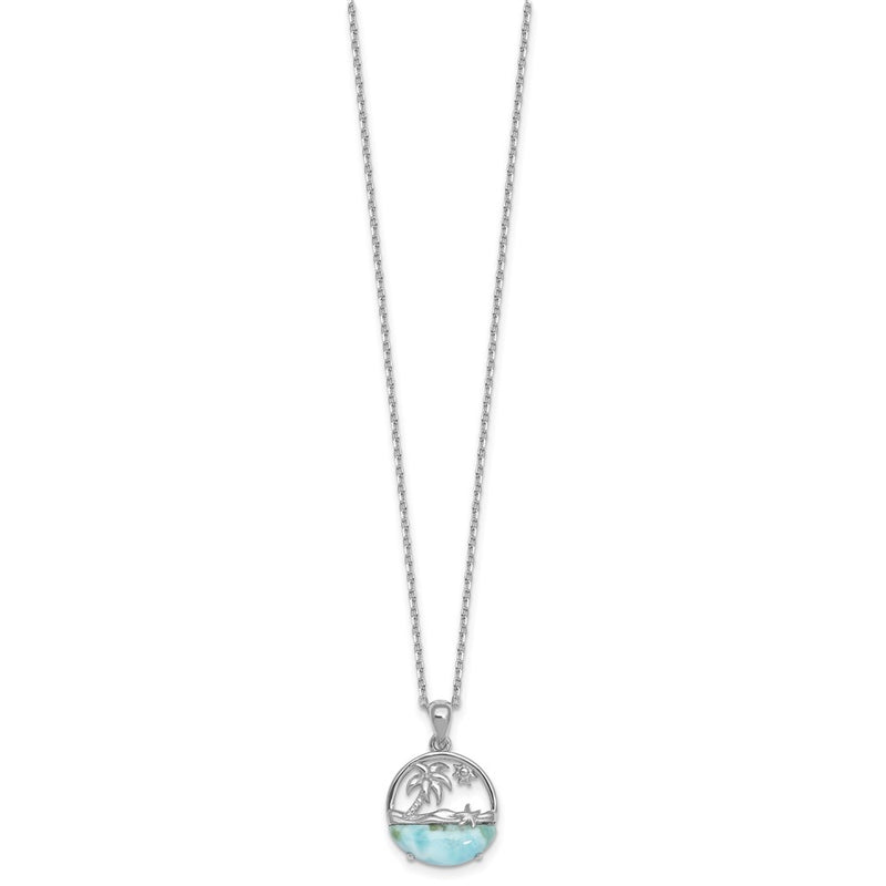 Sterling Silver Rh-Pltd Larimar Beach Scene 16in w/1.75in Ext Necklace