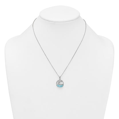 Sterling Silver Rh-Pltd Larimar Beach Scene 16in w/1.75in Ext Necklace
