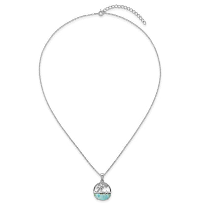 Sterling Silver Rh-Pltd Larimar Beach Scene 16in w/1.75in Ext Necklace
