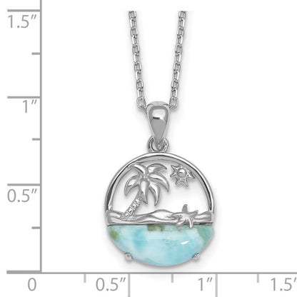 Sterling Silver Rh-Pltd Larimar Beach Scene 16in w/1.75in Ext Necklace