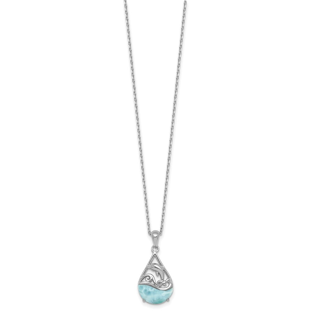Sterling Silver Rhodium Plated Larimar Dolphin Teardrop 16in w/2in Ext Necklace